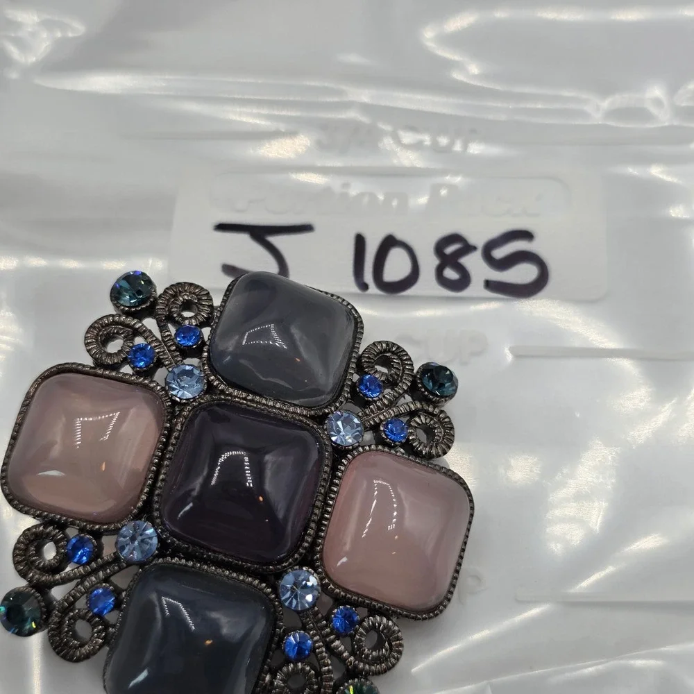 Gunmetal Pink Gray Cabochon Blue Rhinestone Filigree Brooch Pendant Statement